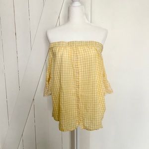 Old Navy off the shoulder yellow and white shirt